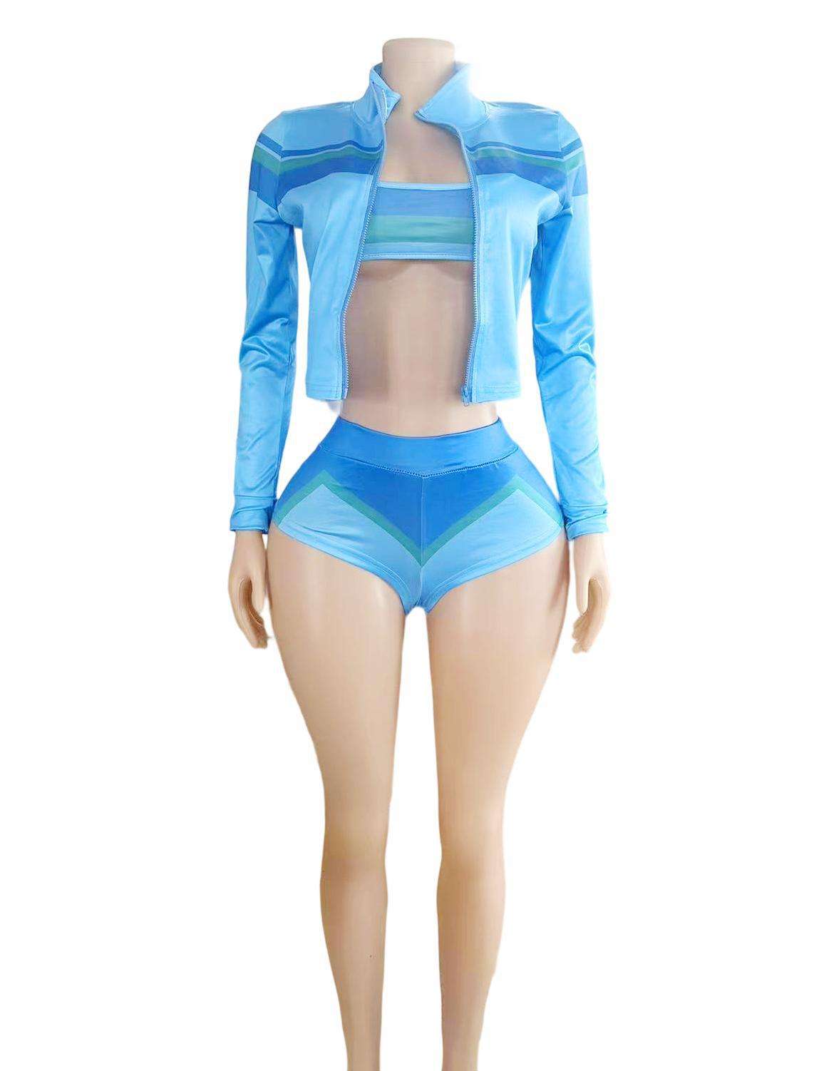 Sporty Zip-Up Crop Jacket & High-Waist Shorts Set - M, Blue image