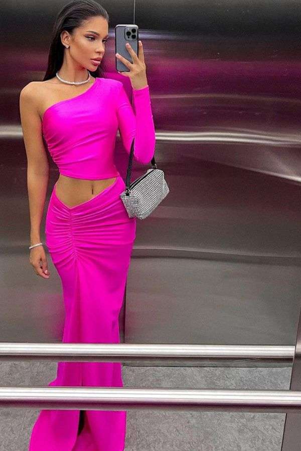 Vibrant One-Shoulder Crop Top & Matching Ruched Skirt image 0