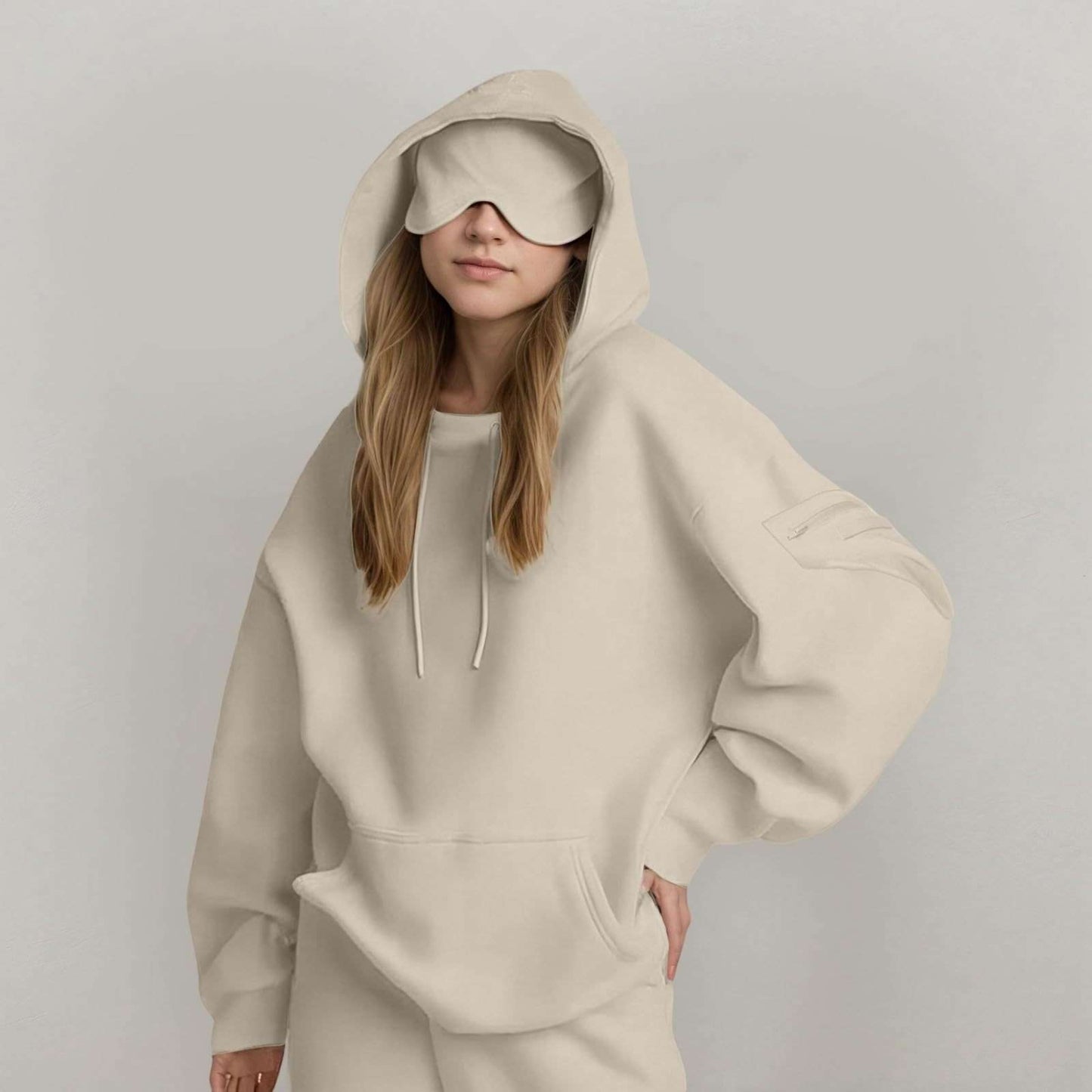 Solid Oversized Hoodie - L, Beige image