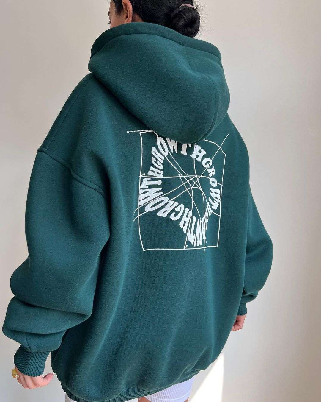 Text Printed Casual Long Sleeve Hoodie - M, Deep Sea Green image