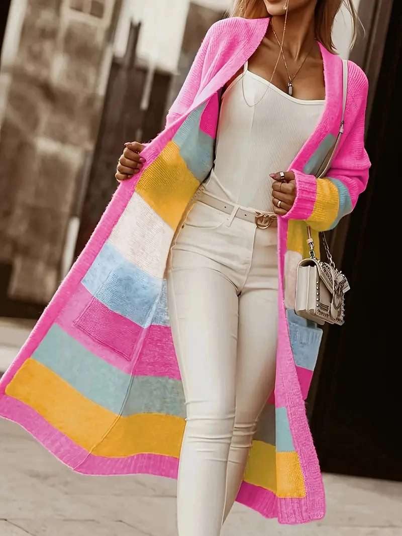 Colorful Striped Long Cardigan with Pockets - M, Pink image