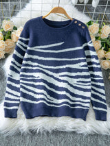 Striped Knit Sweater with Shoulder Buttons - S, Blue image