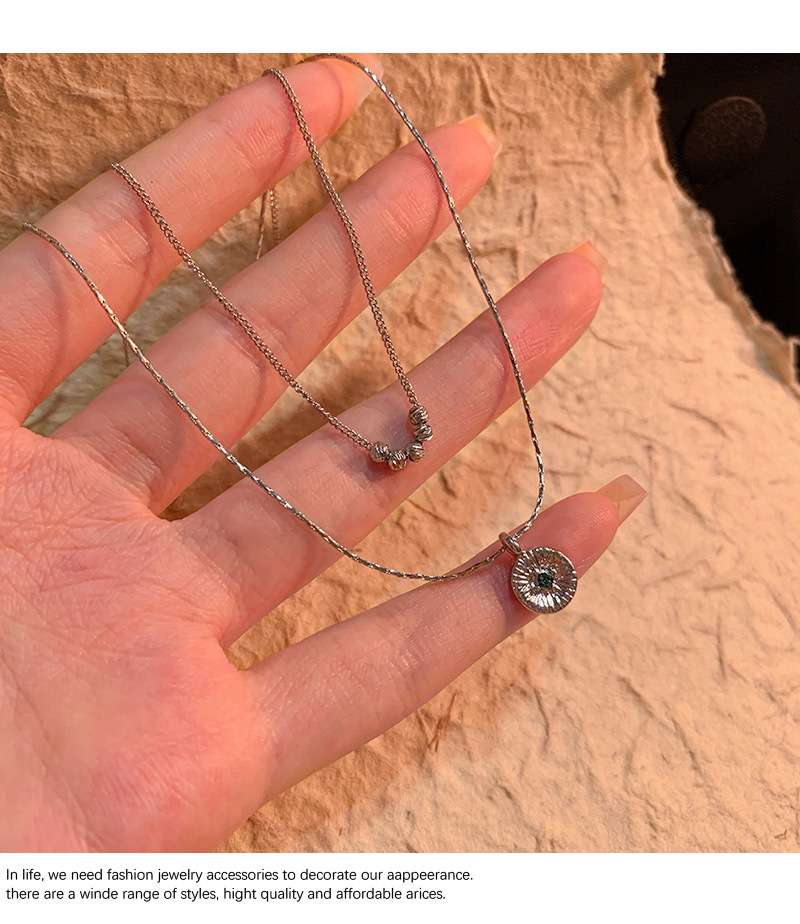 Double Layer Silver Necklace with Beaded & Pendant Design image 1