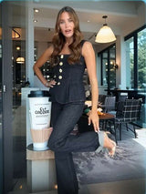 Corset Top & High-Waisted Flare Pants Set - M, Dark Blue image