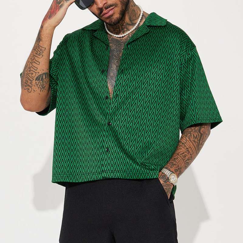 Mens Zigzag Pattern Button-Up Shirt - S, Green image