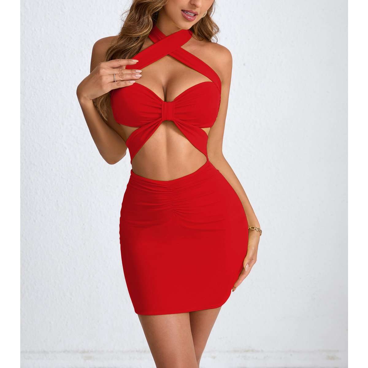 Cut-Out Halter Mini Dress - L, Red image