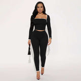 Long Sleeve Crop Top & High-Waist Pant - L, Black image