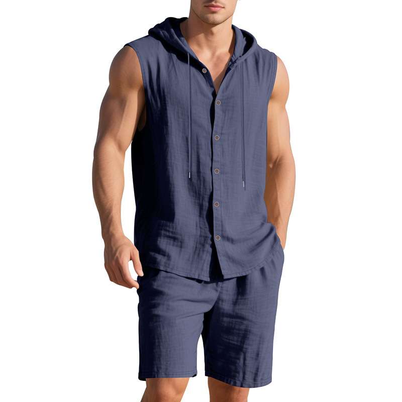 Men's Sleeveless Hooded Button-Up Casual Set image 0