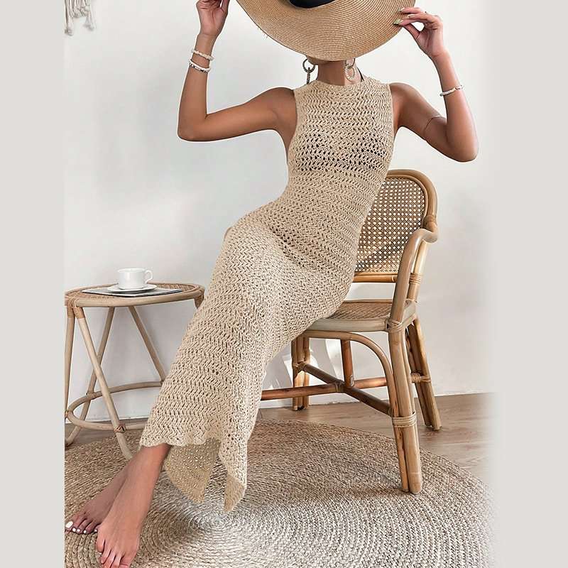 Vibrant Sleeveless Crochet Maxi Dress - S, Beige image