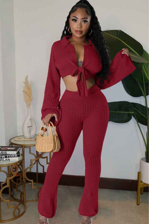 Sexy Knit Long Sleeve Top Two Piece Flared Pants Set image 2