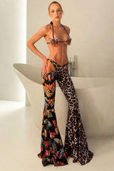 Mixed Print Flare Pants with Crossover Waist image 0