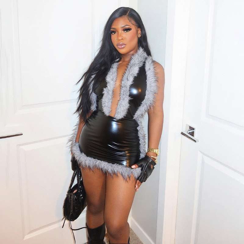 Faux Leather Fur-Trimmed Jumpsuit - S, Black image