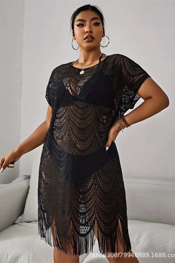 Lace Fringe Cover-Up Dress - XL, Black image