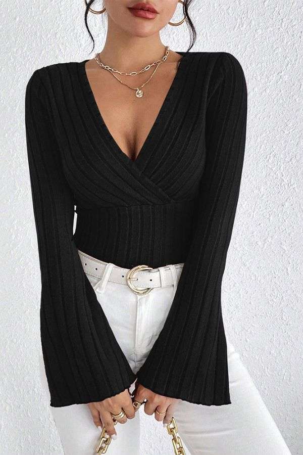 Surplice Neck Wrap Top - L, Black image