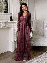 Elegant Glitter Evening Gown - M, Wine Red image