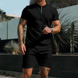 Men's Stylish Textured Zipper Polo Short Set - L, Black image