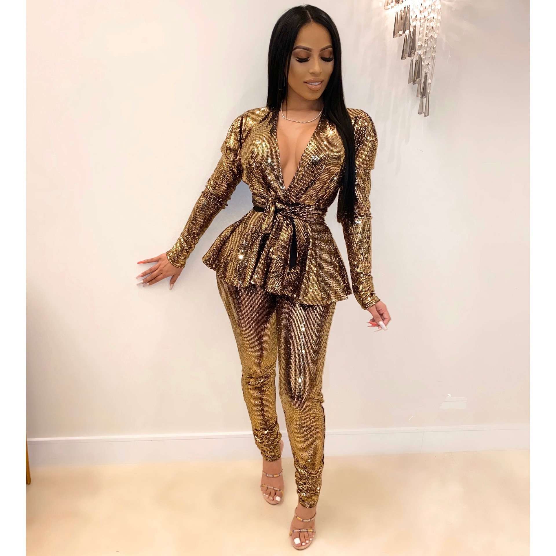 Sequin Long Sleeve Ruffle Hem Suit image 0