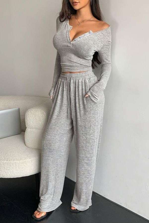 Button Placket Long Sleeve T-Shirt & Pants Set image 0