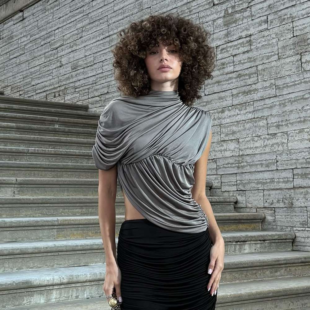 Elegant Grey Draped Top - L, Grey image