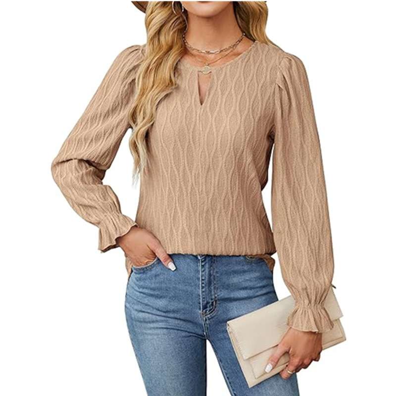 Crew Neck Pullover Flared Sleeve Tops - S, Natural Beige image