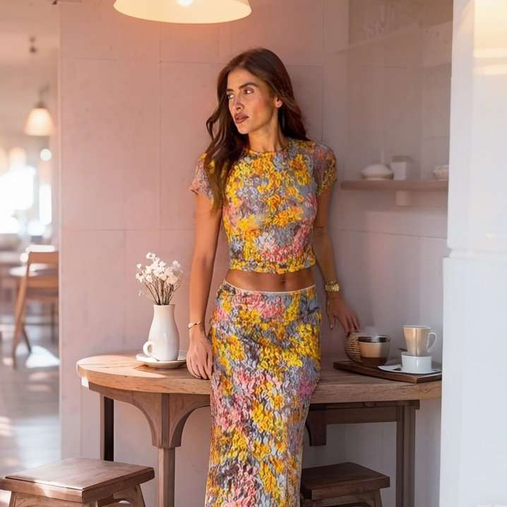 Textured Floral Mesh Two-Piece Maxi Set image 3