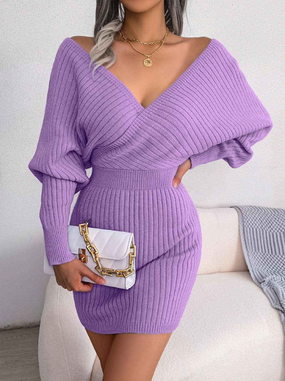 Ribbed Vneck Sweater Dress - L, Purple image