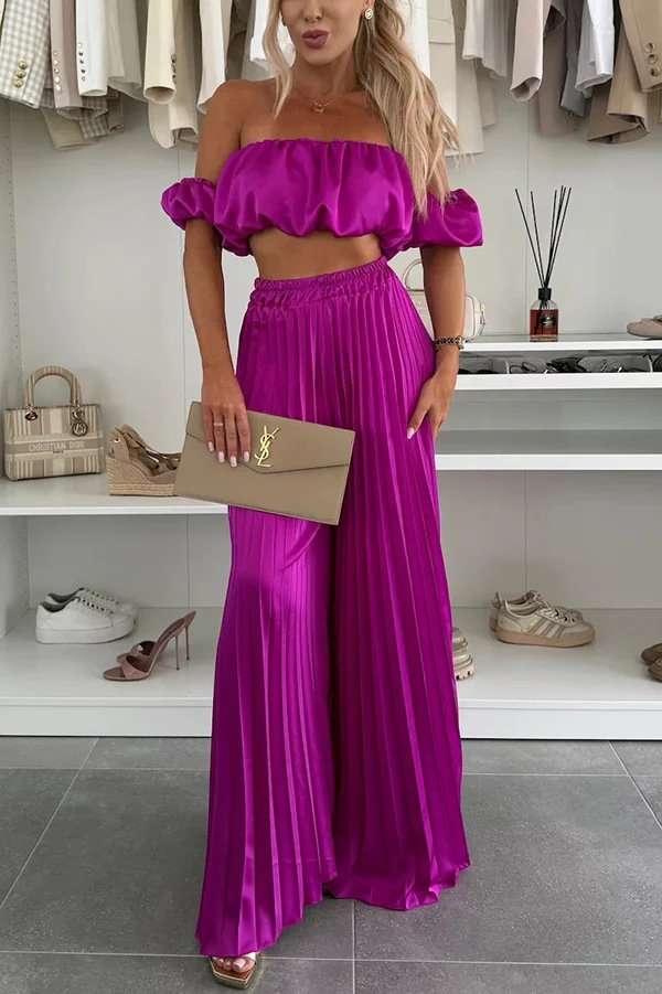 Off-Shoulder Pleated Two-Piece Set - L, Rose image