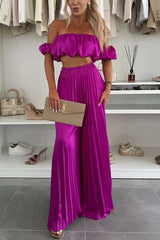 Off-Shoulder Pleated Two-Piece Set - L, Rose image