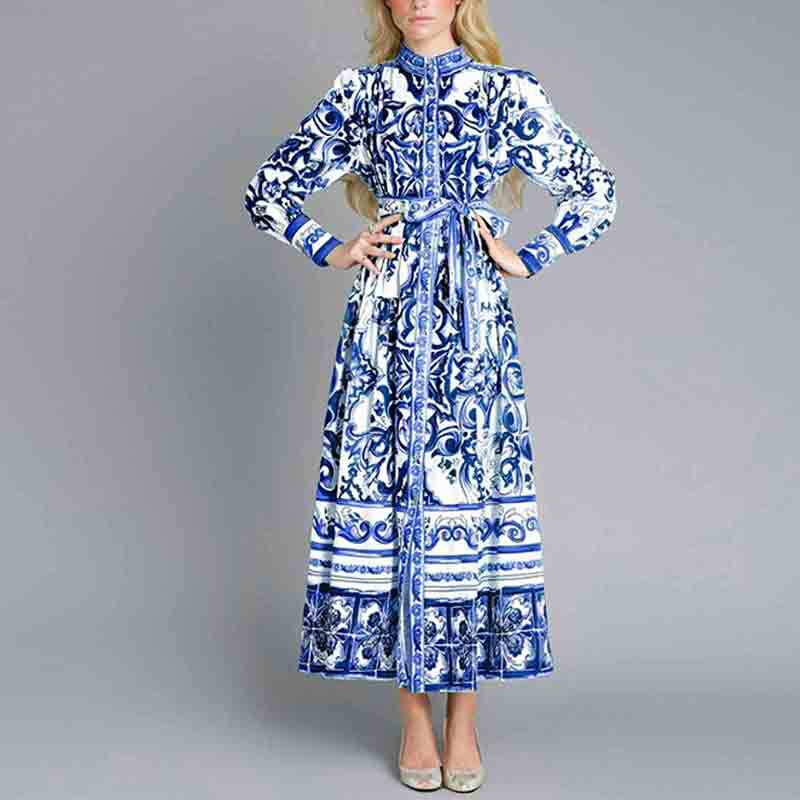 Floral Print Button Up Maxi Dress - M, Blue image