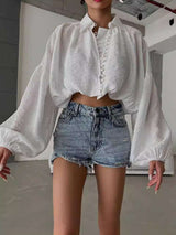 Self Design Puff Sleeve Shirt Style Top - L, White image