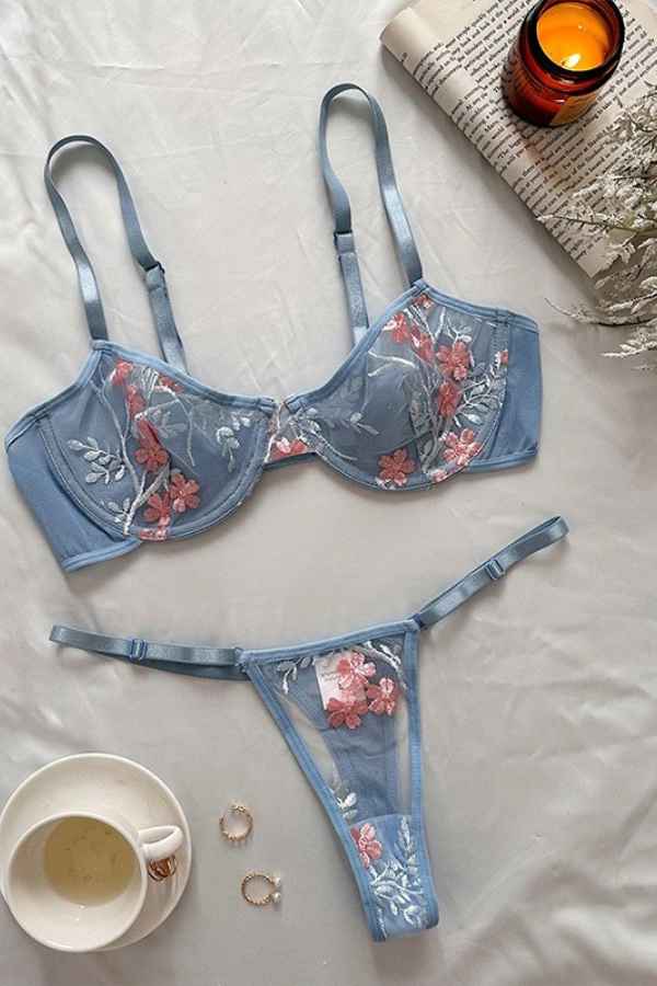 Sexy Lace Floral Embroidery Bra Underwear Two Piece Set image 0