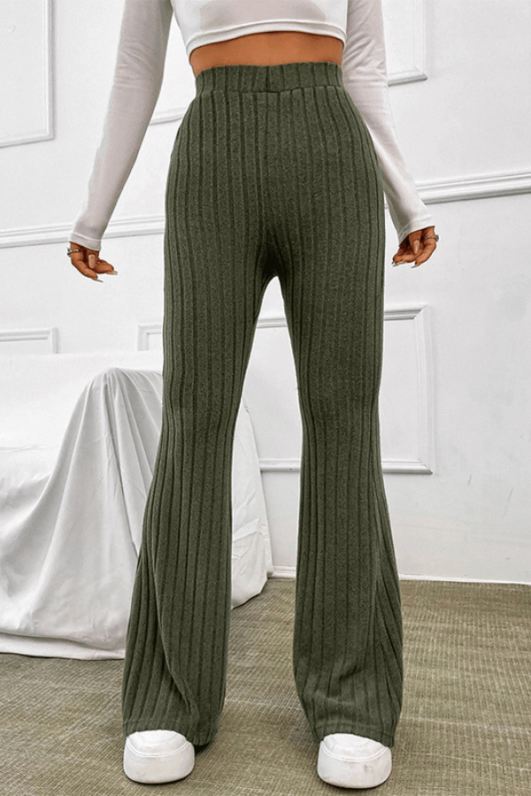 High Rise Plain Ribbed Knit Flared Pants image 2
