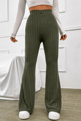 High Rise Plain Ribbed Knit Flared Pants image 2