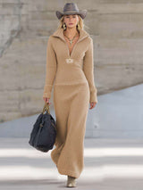 Elegant Long Dress with V Neck Front Zip - L, Beige image