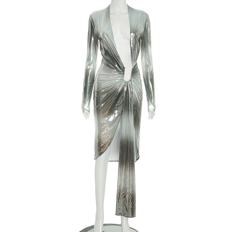 Metallic Evening Dress with Deep Plunge and High Slit image 3