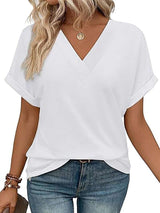 Casual V-Neck Rolled Sleeve Top - XL, White image