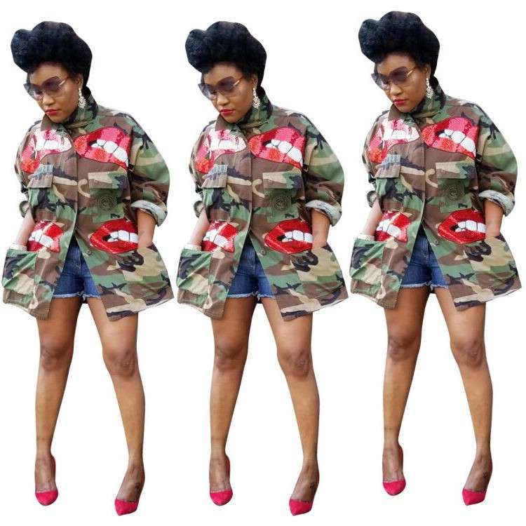 Fashion Lip Print Camo Jacket image 7