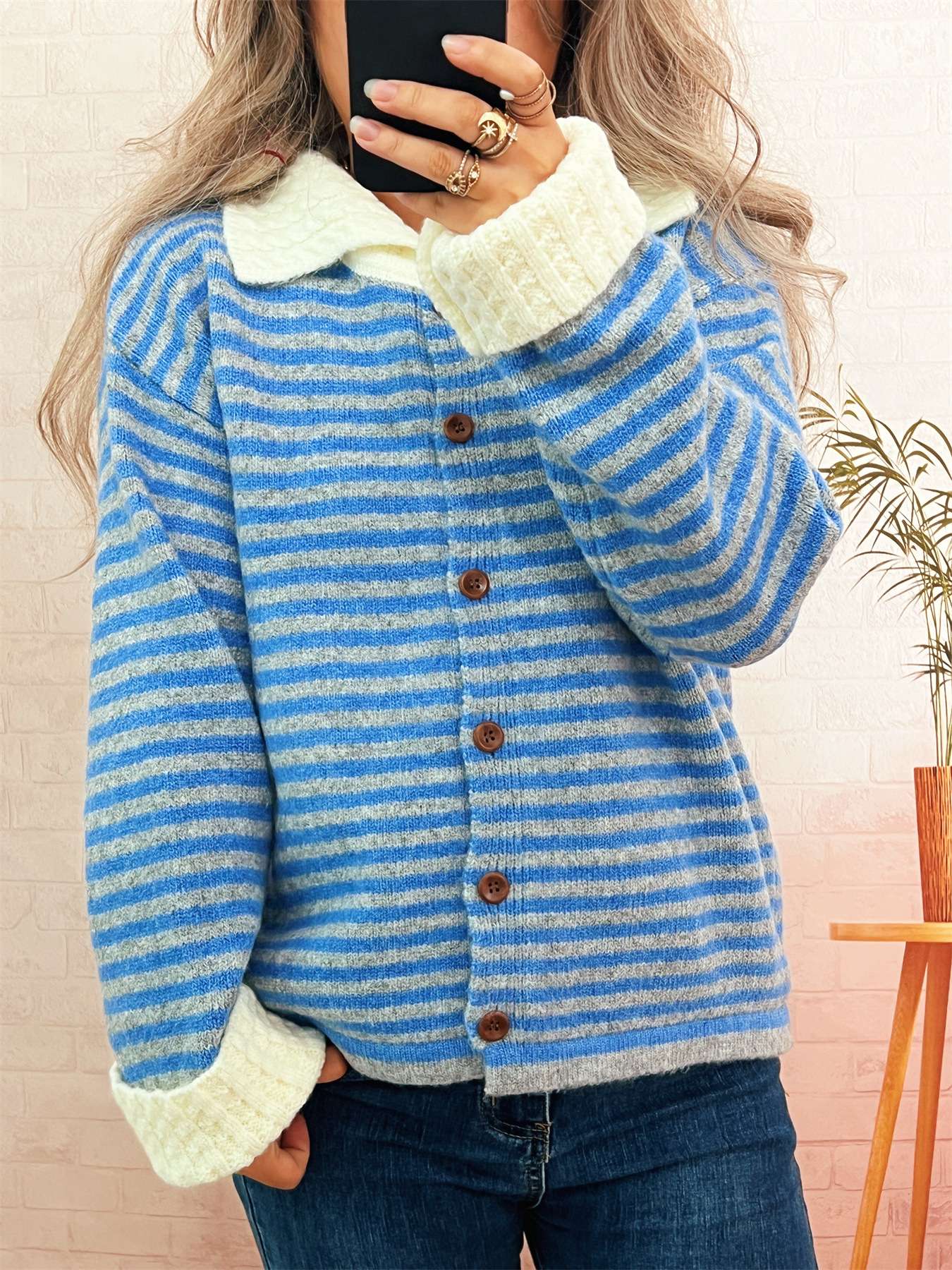 Striped Cardigan with Contrast Collar & Cuffs - S, Blue image