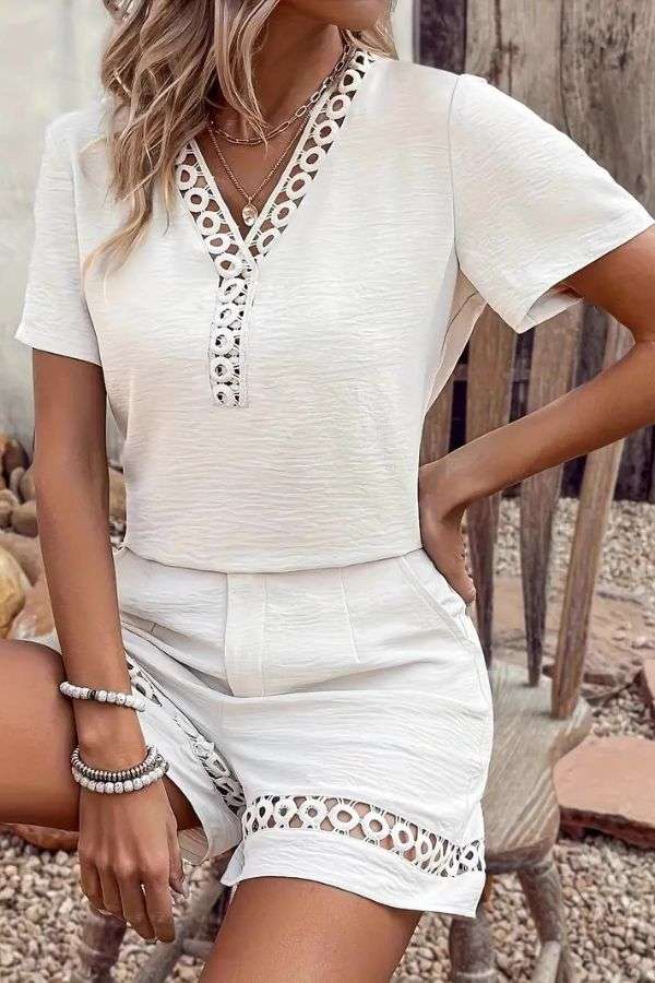 Elegan V-Neck Lace Trim Top & Shorts Set image 0