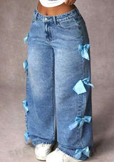Bow Detail Wide Leg Loose Fit Casual Jeans - M, Dark Blue image