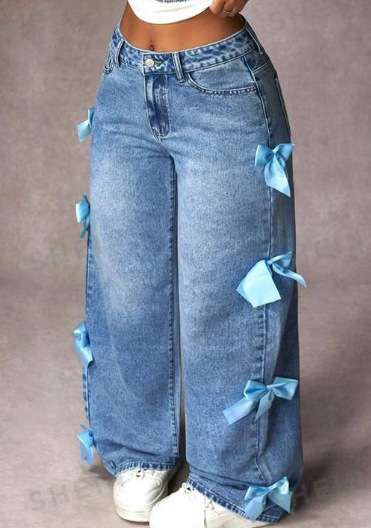 Bow Detail Wide Leg Loose Fit Casual Jeans - M, Dark Blue image