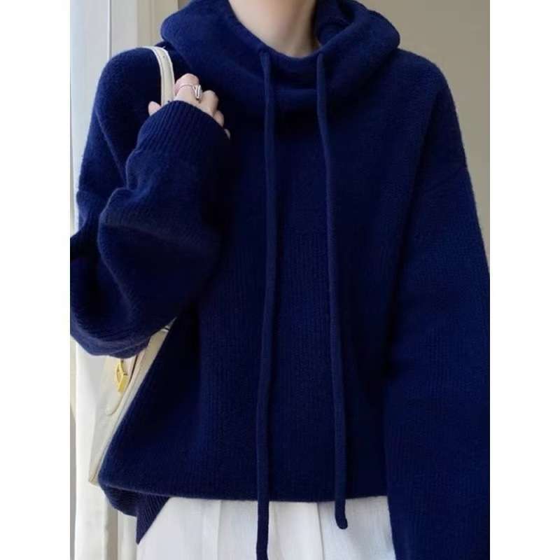 Turtleneck Hooded Loose Sweater - L, Deep Lake Blue image