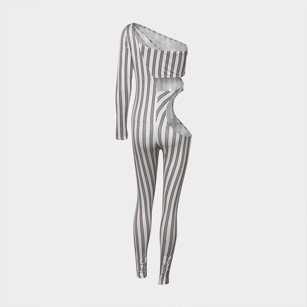 Asymmetrical Cutout Striped One-Sleeve Jumpsuit image 3