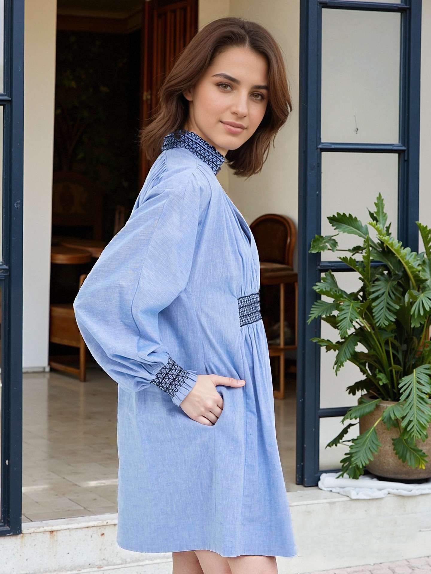 Tunic Dress with Smocked Waist &amp; Cuffed Sleeves image 4