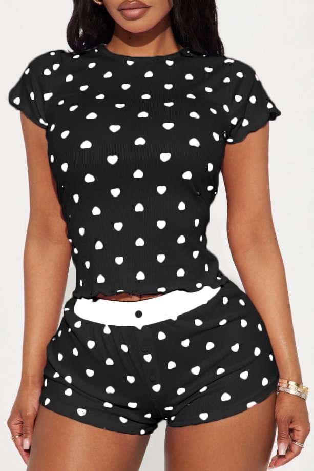 Heart-Print Ribbed Pajama Set - S, Multi Black image