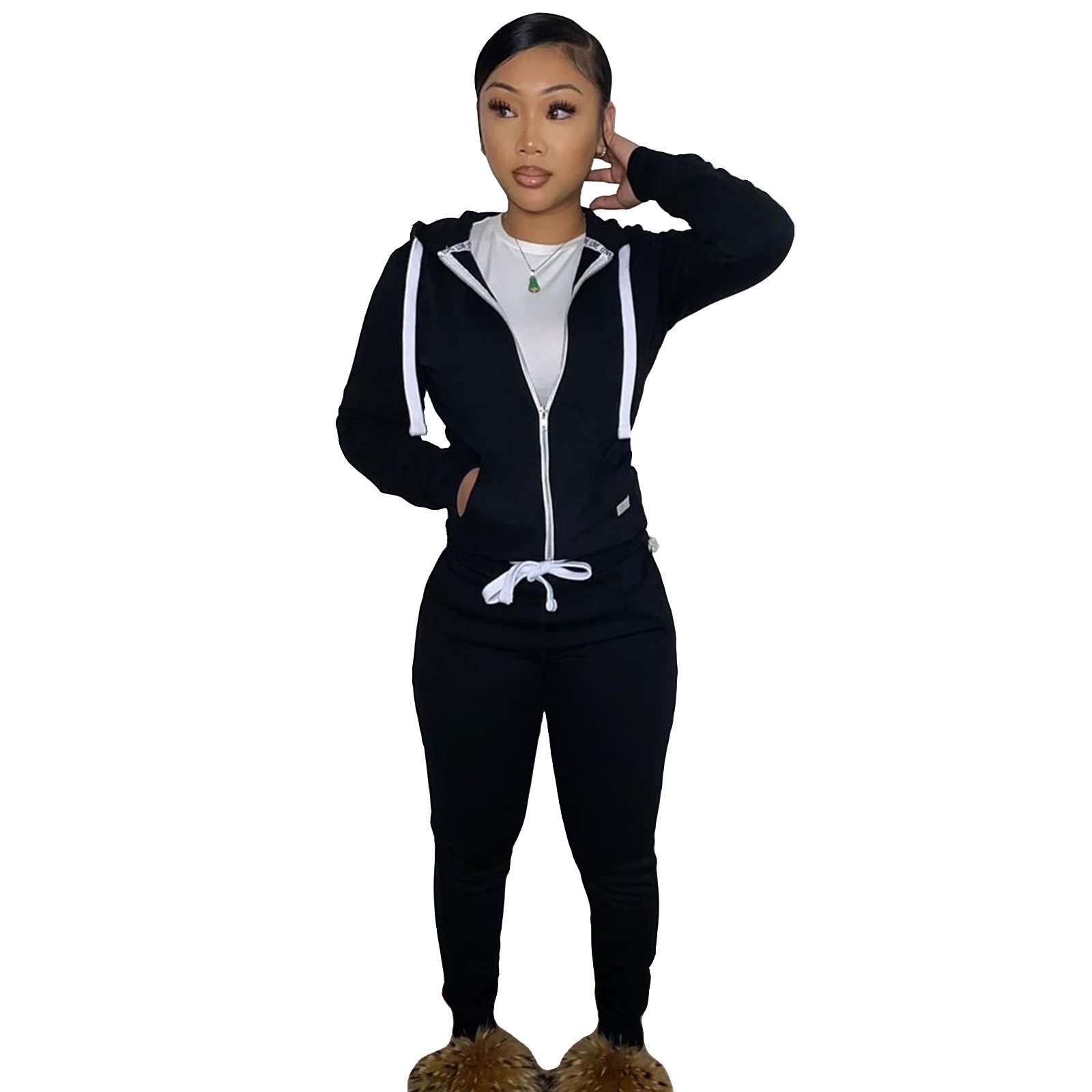 Hooded Coat and Pants Jogging Suit - S, Black image