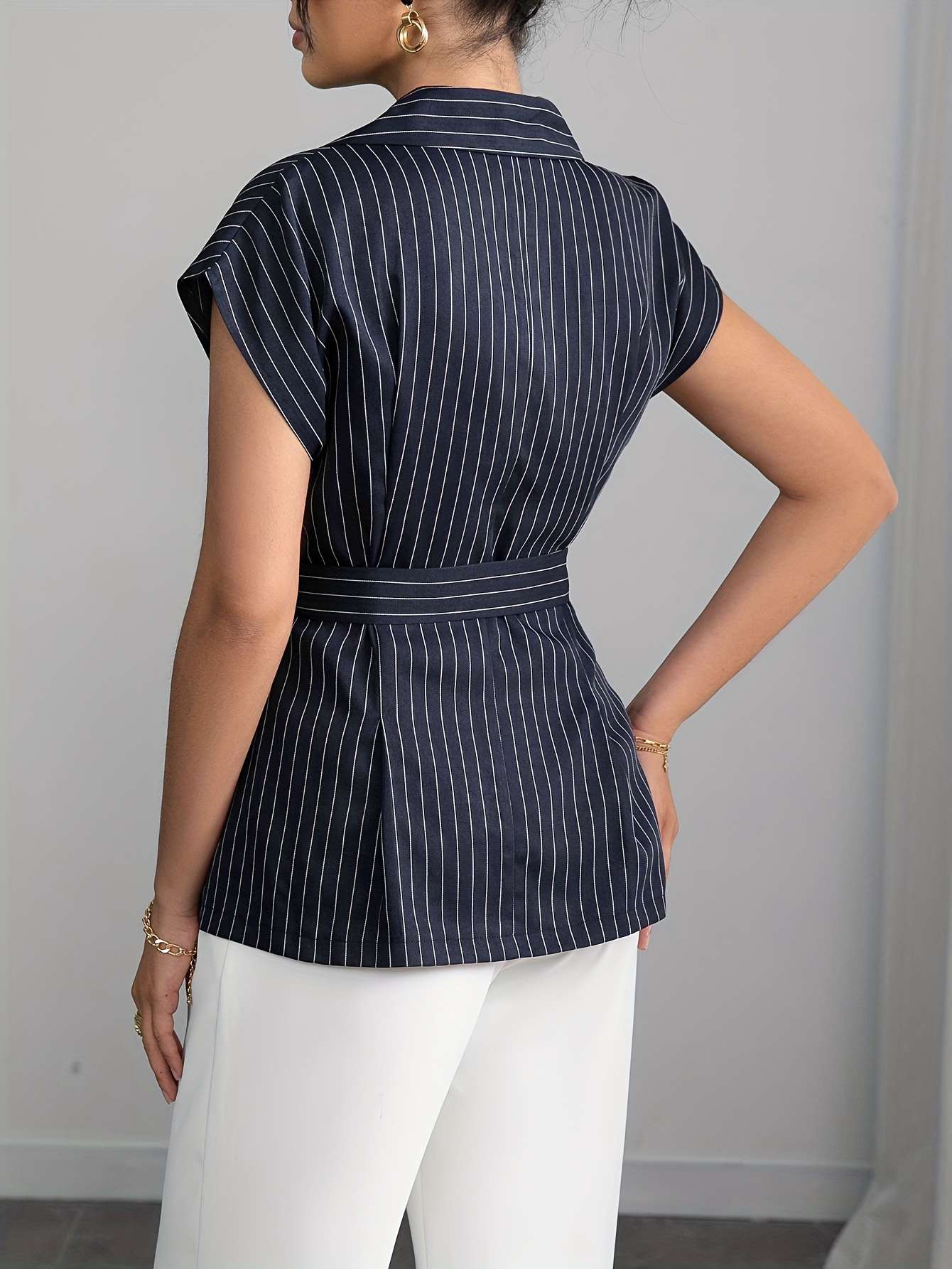 Pinstripe Sleeveless Blazer with Waist Tie image 3