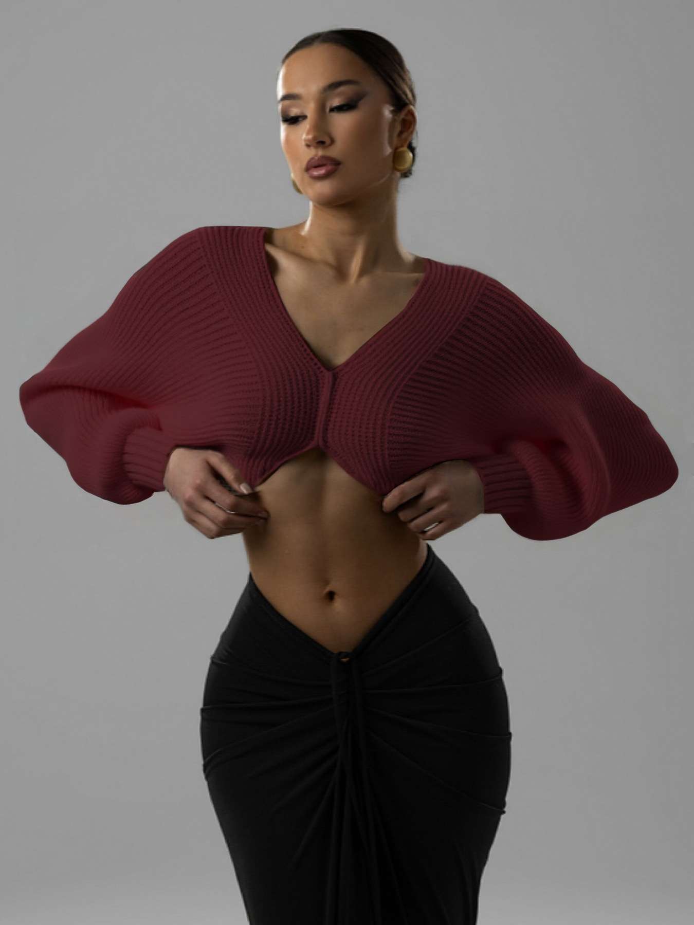 Cropped Sweater with Puff Sleeves - M, Maroon Red image