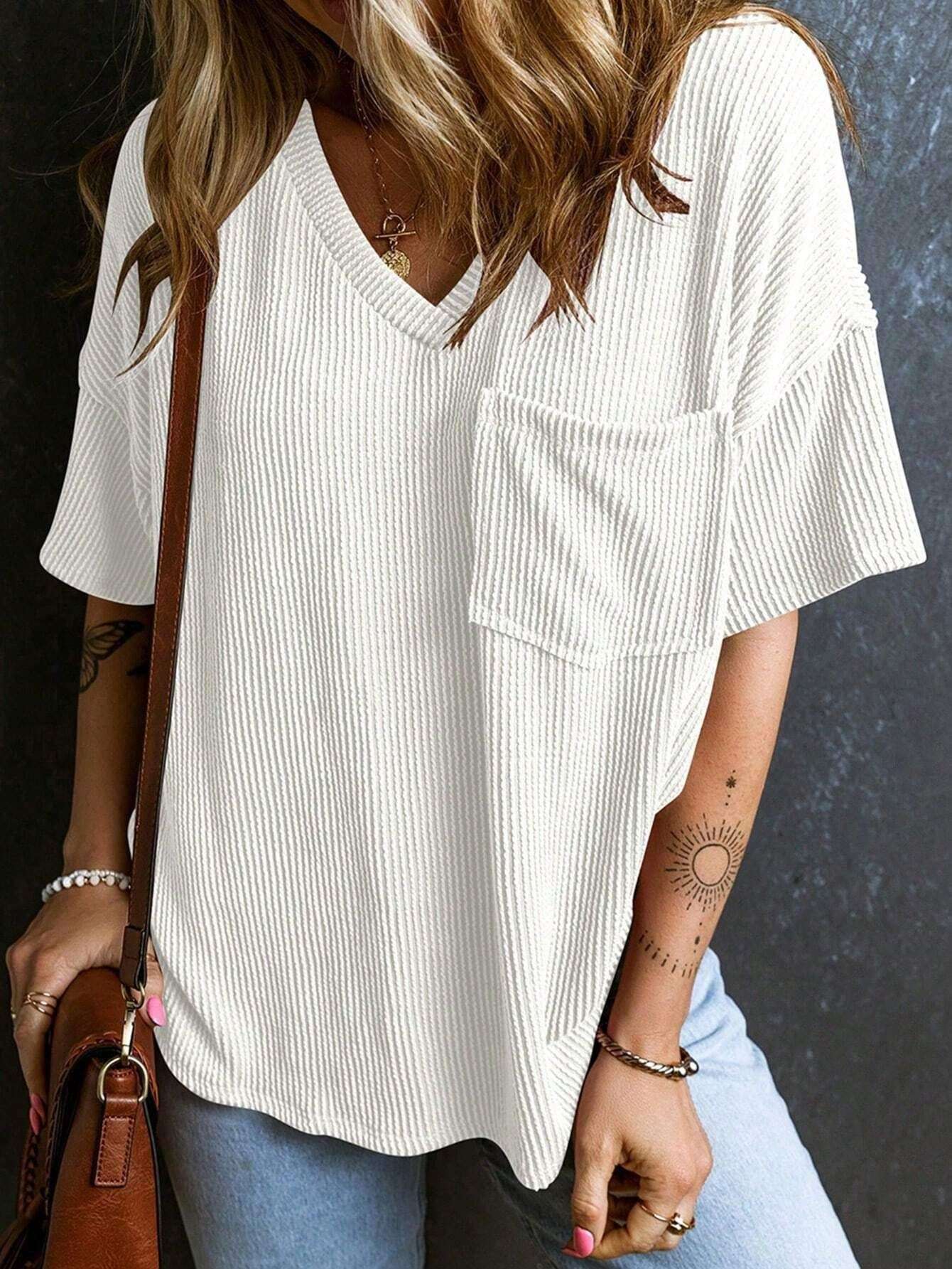 Textured V-Neck Short Sleeve Top - S, White image