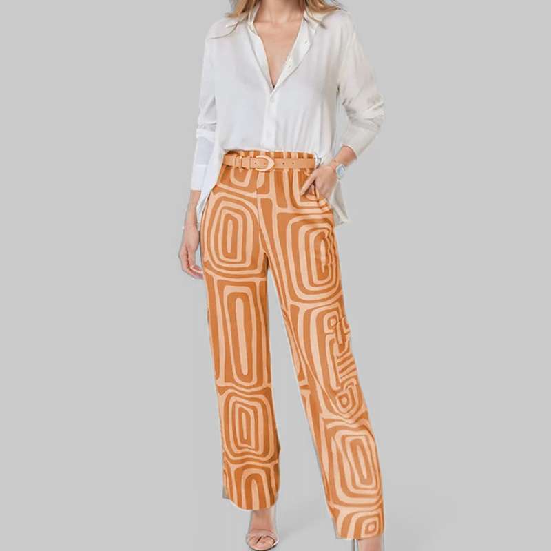 Button-Down Shirt with Patterned Wide-Leg Pants - M, Orange image